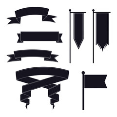 Collection of black ribbon banners and flag silhouettes for design elements