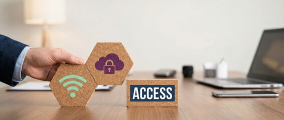 Man connecting wifi and cloud security icons, access concept, office desk background