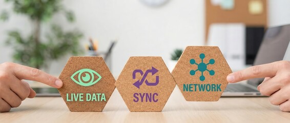 Live Data Sync Network concept, hands pointing to hexagons with icons Business technology