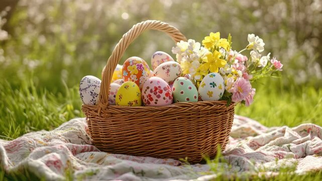 The features a wicker basket filled with vibrantly colored Easter eggs placed atop a patterned blanket in an outdoor setting. The scene exudes a festive and joyful atmosphere,