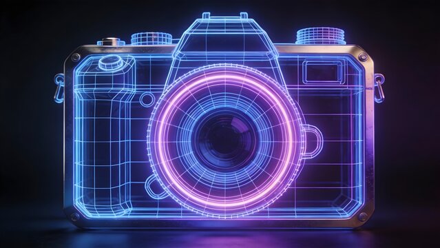 Neon wireframe camera with glowing lens