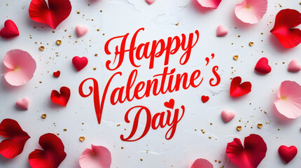 Romantic flat lay greeting card for Valentine's Day celebration with red and pink heart petals and sparkling golden details on a white background