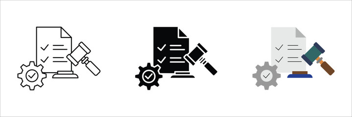 Official legislation, legal regulatory compliance, and policy document review process symbol set with gavel and gear mechanism concept
