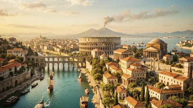 Aerial drone animation circling ancient Roman Empire city revealing grand architecture, amphitheater, forums and river displaying classical civilization splendor and urban magnificence