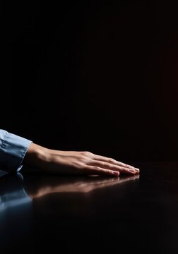 Formal posture captured in a quiet, composed setting. Hands rest gently on a polished surface, symbolizing self-respect and poise ,professional ,wood ,honor