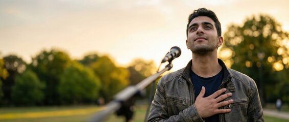 Young man with hand on chest, looking up at sunset, near microphone in park Concept of hope, inspiration, performance, and gratitude