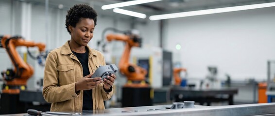 Black woman engineer examining 3D printed part in robotics lab with robotic arms Concept of innovation, manufacturing, and technology