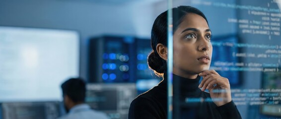 Indian woman programmer thinking near glowing code on glass screen, data center background Concept of technology, innovation, and AI development