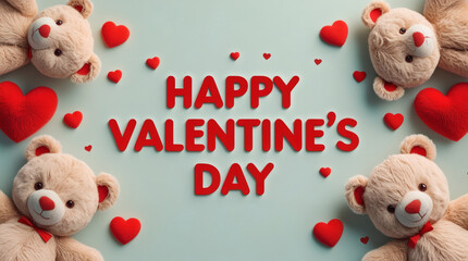 Romantic Valentine's Day greeting with adorable teddy bears and vibrant red hearts, perfect for expressing love and affection on this special holiday
