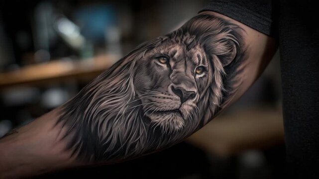17Close-up of a realistic black and grey realism tattoo on a man&rsquo;s forearm, detailed lion portrait with intense eyes, fine fur texture and smooth shading, skin pores visible, natural