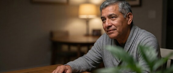 Senior Hispanic man sitting at table, looking thoughtful, warm indoor lighting Concept of reflection, wisdom, and home