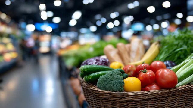 29Close-up of full shopping basket containing meat, fruit, vegetables, and bread, basket placed in supermarket aisle, colorful shelves blurred in background, modern grocery store atm