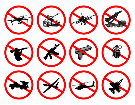 Set of red military prohibition signs. Forbidden icons for weapons, drones, tanks, and missiles in restricted areas.