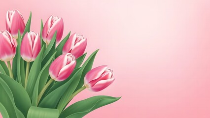 Obraz premium Pink tulips with white stripes on a soft pink background