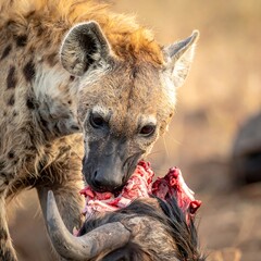 Obraz premium Spotted hyena eating a wildebeest carcass, showcasing its jaws and powerful bite in a dry, grassy environment