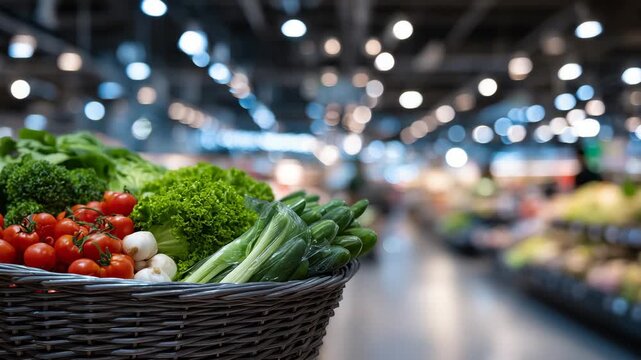 32Detailed close-up of full shopping basket, fresh groceries neatly arranged, bright supermarket lighting highlights food textures, blurred shelves create depth, household shopping c