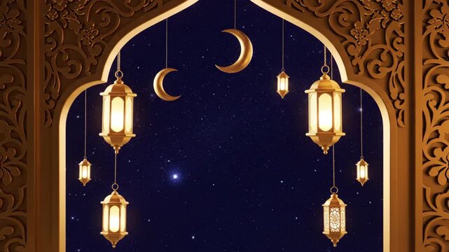 Islamic Lanterns Hanging Under Crescent Moon.
