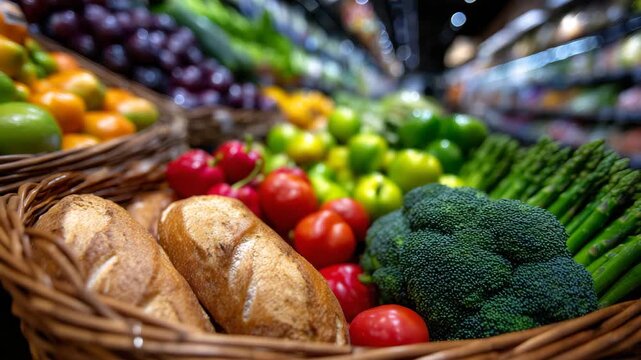 37Macro close-up of shopping basket contents, vibrant fruit colors, green vegetables, textured bread crust, clean meat packaging, supermarket aisle softly blurred, everyday grocery s