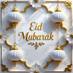 Elegant White And Gold Eid Mubarak Decorative Greeting Design