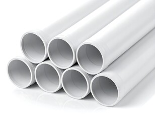 Stack of white PVC pipes, neatly arranged with smooth, rounded ends, on reflective surface, casting a soft shadow
