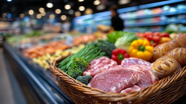 38Close-up of grocery basket filled with assorted food, meat, vegetables, fruit, and bread arranged naturally, shallow depth of field, supermarket shelves fading into background