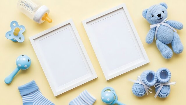 Baby Announcement Mockup for Newborn Boy with Blue Accessories Two White Frames on Yellow Backdrop Display Design Template Exact 150 Characters