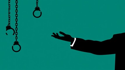 reaching outward in profile, double exposure with broken shackles falling, minimalist freedom illustration, isolated white This minimalist stock illustration uses double exposure to portray 