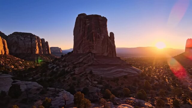 Sunrise over desert sandstone buttes and mesas.