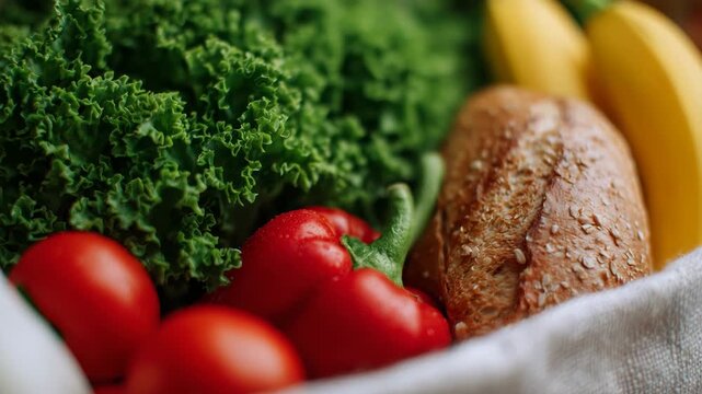 46Macro-style close-up of grocery bag contents, textures of leafy lettuce, smooth bananas, glossy bell peppers, rustic bread crust, eggs and milk visible, clean lifestyle and nutriti