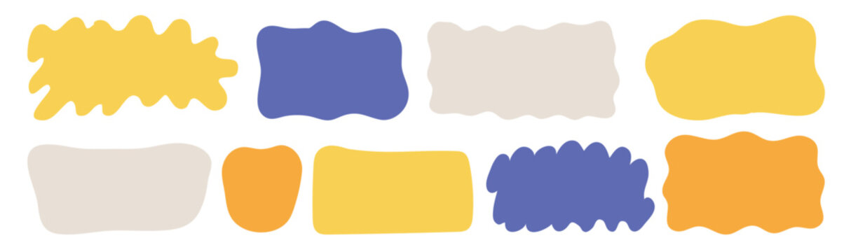 Creative Liquid Text Frames and Banners. Isolated set of random curvy spots and speech bubble backgrounds. Irregular smooth borders for labels, stickers, and web design. Flat style graphic resources f