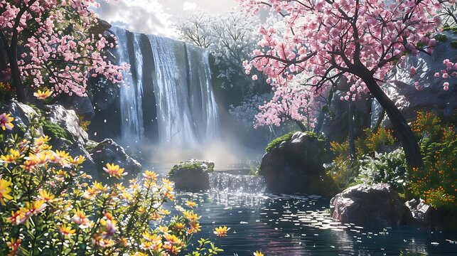 A cascading waterfall surrounded by vibrant spring blooms with cherry blossoms and wildflowers adding splashes of color to the lush green landscape