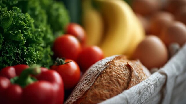 50Macro-style close-up of grocery bag contents, textures of leafy lettuce, smooth bananas, glossy bell peppers, rustic bread crust, eggs and milk visible, clean lifestyle and nutriti