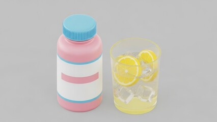 Pink plastic bottle with blank label and glass of lemonade with ice. 3D render of supplement container and fresh drink. Product mockup with copy space