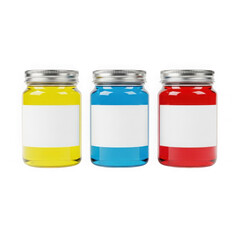 Three ink jars in primary colors isolated on transparent background