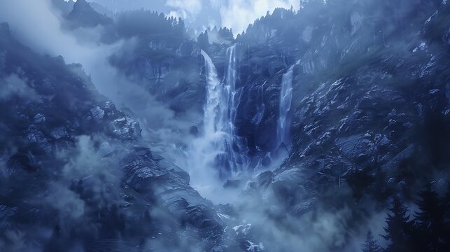 A majestic waterfall thundering down a rocky cliff face with mist rising into the air and creating a mystical and enchanting atmosphere