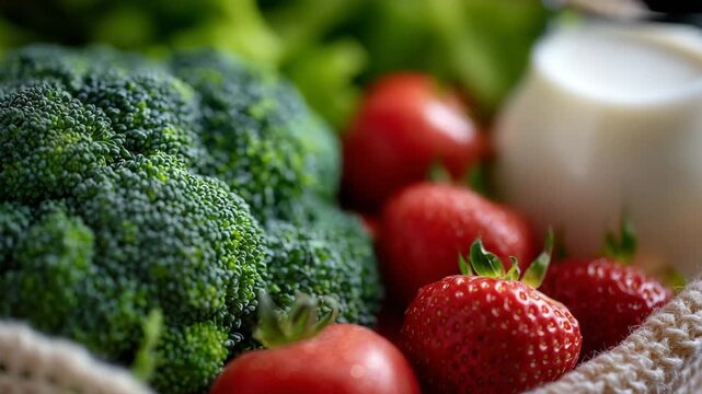 56Macro-style close-up of grocery bag contents, vibrant fresh produce and dairy staples arranged naturally, shallow depth of field, wholesome food and wellness theme