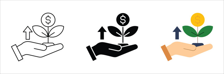 Financial growth icon set depicting a hand nurturing a money plant with an upward arrow, symbolizing investment, revenue increase, and prosperous business development © Muhammad