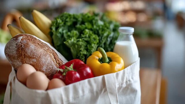 59Close-up of eco-friendly grocery bag filled with healthy foods, leafy greens, colorful peppers, bananas, bread loaf, eggs carton, and milk bottle, balanced nutrition and sustainabi