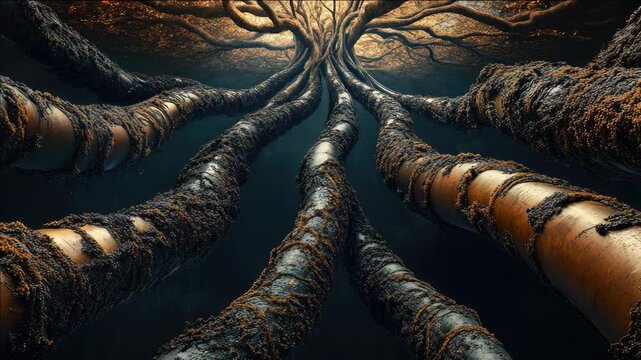 A mysterious, ancient underwater construction with gnarled and corroded roots or pipes emerging from the depths.