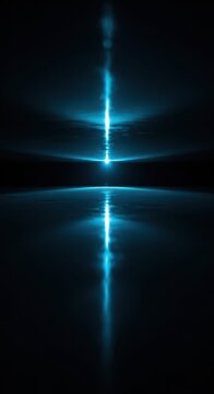 Intense vertical beam of cyan light pierces a dark horizon with strong reflection below