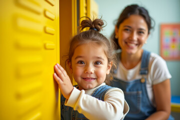 Child Opening Kindergarten Locker. Preschool Independence Concept. Growing Up Moment