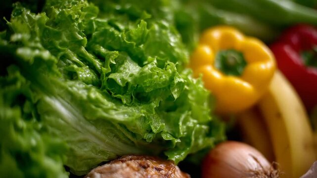 65Macro close-up of grocery bag interior, focus on textures and colors of lettuce, bananas, bell peppers, onion skin, bread crust, eggshells, and milk container, healthy diet represe