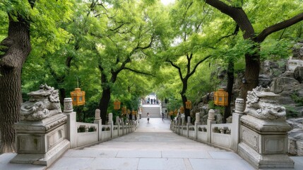 Red lanterns and dragon statues line the temple staircase, framed by green trees, highlighting the path and decorations