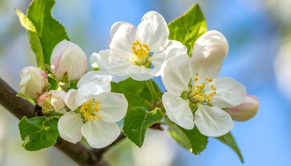 Obraz premium Spring blooms showcase apple blossoms, white petals, yellow centers, green leaves against a blurred blue sky backdrop