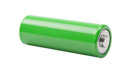 Green alkaline battery lying on transparent grid background for energy and power concepts