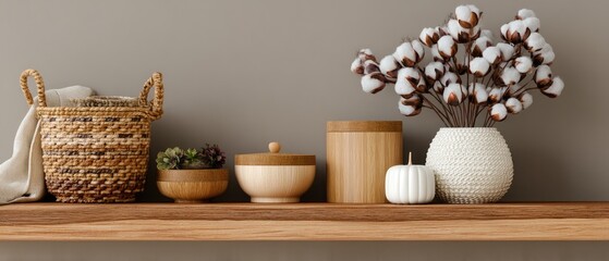 Decor features a wooden shelf on a beige wall with various vases and bowls arranged neatly in natural light creating a clean look