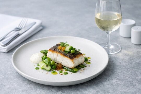Elegant restaurant dish of seared cod served with fresh green vegetables and sauce, styled on a minimalist grey table beside a glass of chilled white wine.