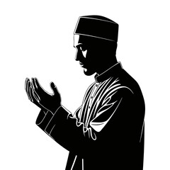 silhouette of a Muslim man praying against a white background