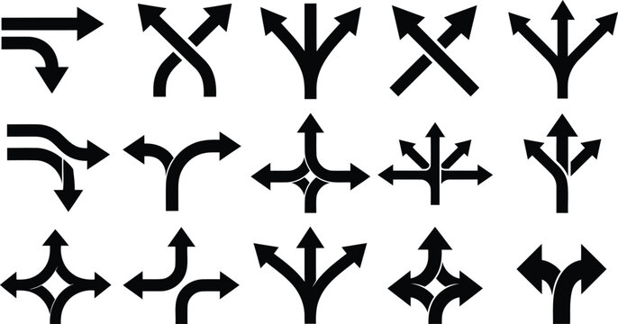 Collection of black directional arrows showing various paths and junctions Keywords: arrow