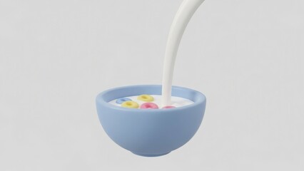 3D rendered image of milk pouring into a light blue bowl with colorful cereal rings. Minimalist breakfast concept with copy space
